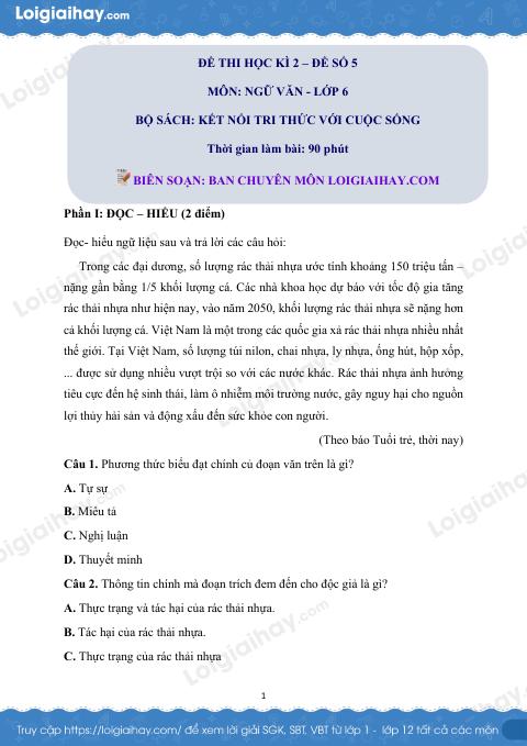 Đề thi học kì 2 Văn 6 Kết nối tri thức - Đề số 5